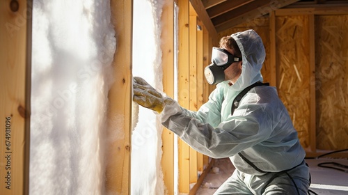 Construction Worker Installs Glass Wool Insulation in Wooden House. Generative ai