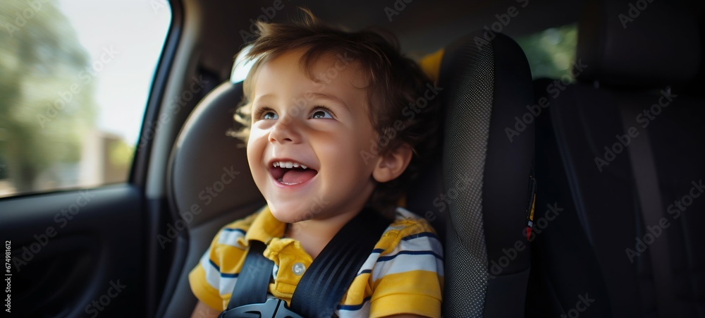 Joyful Child Buckled in a Car Seat. Generative ai Joyful Child Buckled in a Car Seat. Generative ai
