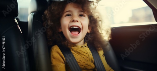 Joyful Child Buckled in a Car Seat. Generative ai