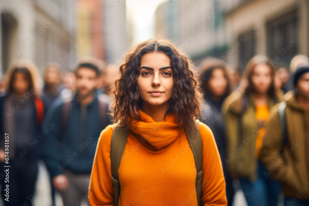 Young female student standing in determined solidarity, with a group of people actively protesting in a movement. Concept of fighting for change and embodying Gen Z spirit Young female student standing in determined solidarity, with a group of people actively protesting in a movement. Concept of fighting for change and embodying Gen Z spirit