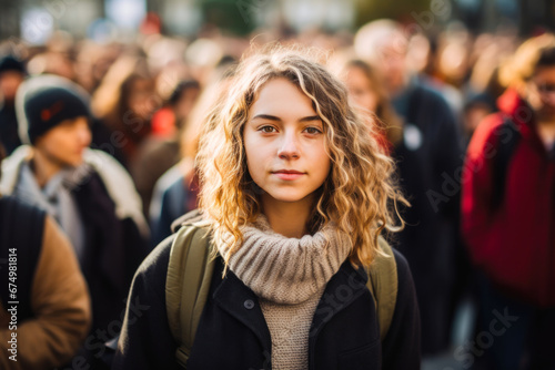 Young female student standing in determined solidarity, with a group of people actively protesting in a movement. Concept of fighting for change and embodying Gen Z spirit