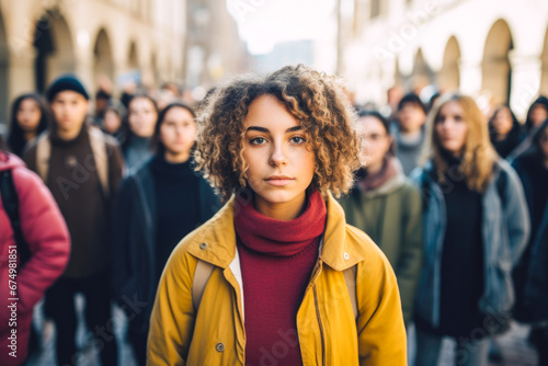 Young female student standing in determined solidarity, with a group of people actively protesting in a movement. Concept of fighting for change and embodying Gen Z spirit photo