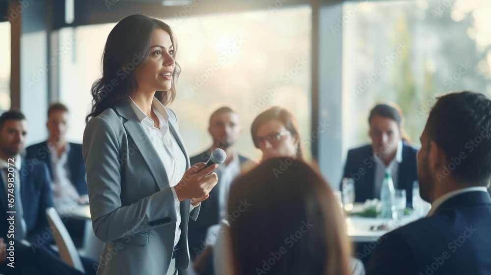 Obraz premium Empowering Leadership: Female Business Executive Inspires at Conference Presentation. Generative ai