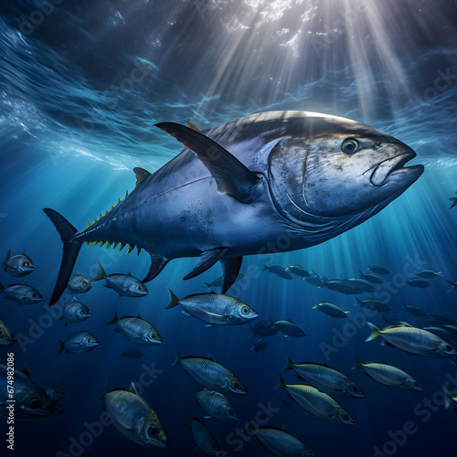 Bluefin tuna swimming in the ocean. Generative ai. 