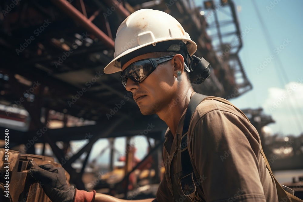 Oil Rig Worker in Action on Modern Offshore Platform. Generative ai Oil Rig Worker in Action on Modern Offshore Platform. Generative ai