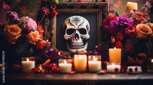 Day of the Dead Memorial Altar: Tribute with Skulls, Flowers, and Candles. Generative ai