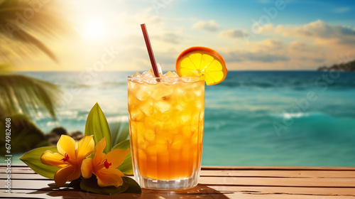 Image of delicious cocktail on tropical ocean background. Concept of summer and beachside vacation. AI generated content.