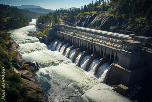 An aerial view of a hydroelectric dam generating clean energy, highlighting the Concept of sustainable energy infrastructure. Generative Ai.