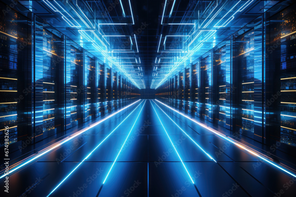 A massive data center with rows of servers processing information, representing the Concept of information technology infrastructure. Generative Ai. A massive data center with rows of servers processing information, representing the Concept of information technology infrastructure. Generative Ai.