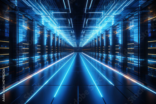 A massive data center with rows of servers processing information  representing the Concept of information technology infrastructure. Generative Ai.