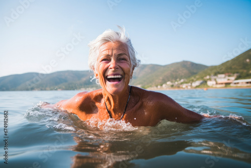 Portrait of a senior woman swimming in a lake. Her joyful expression and active lifestyle reflect her zest for life and spirited energy. Concept of vitality and happiness © MVProductions