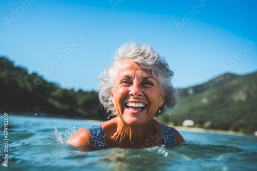 Portrait of a senior woman swimming in a lake. Her joyful expression and active lifestyle reflect her zest for life and spirited energy. Concept of vitality and happiness © MVProductions
