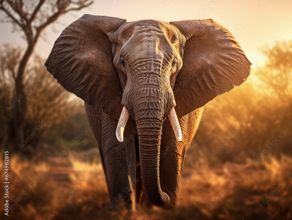 Fototapeta premium Elephant soft focus and sunset behind them. Generative AI. 