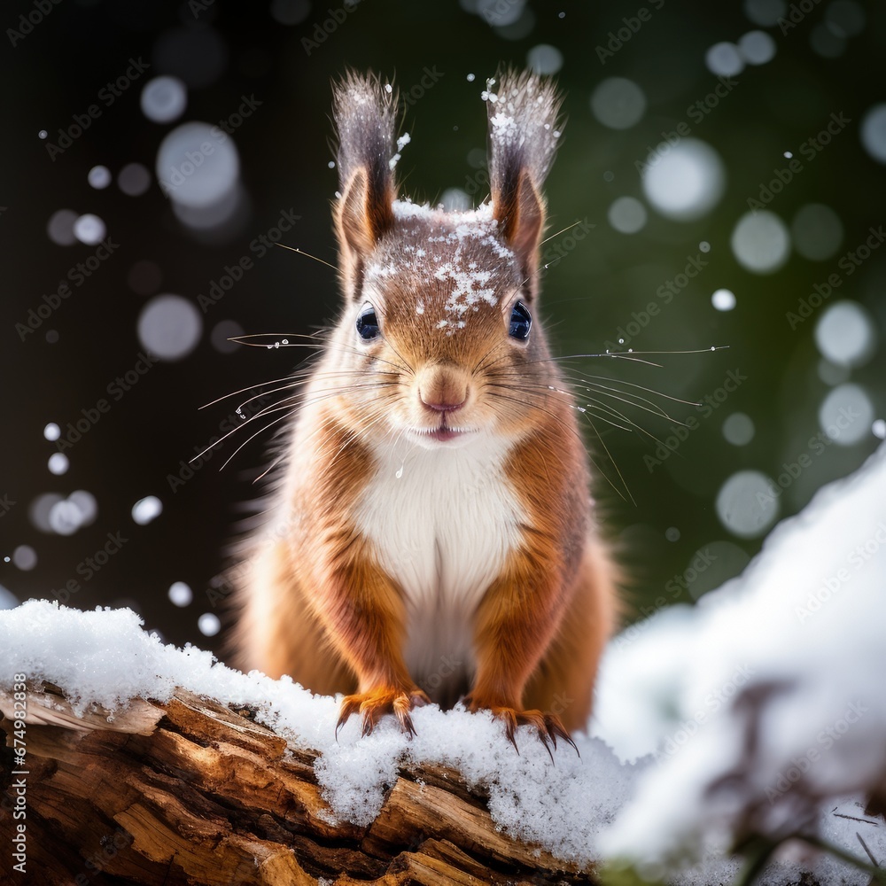 Squirrel on tree in the weather snow. Generative AI. Squirrel on tree in the weather snow. Generative AI.