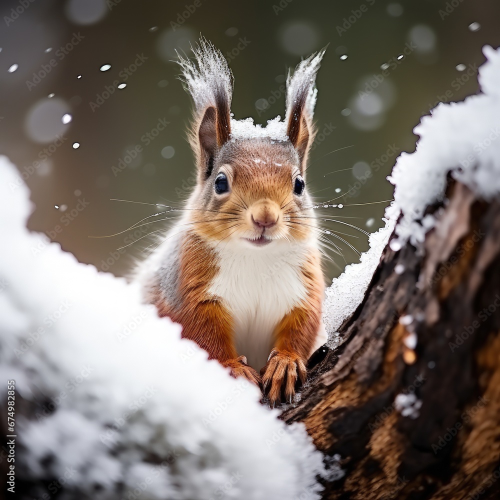 Squirrel on tree in the weather snow. Generative AI. Squirrel on tree in the weather snow. Generative AI.