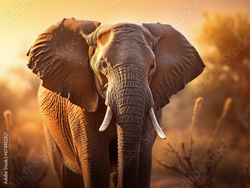 Elephant soft focus and sunset behind them. Generative AI.  © Worrapol