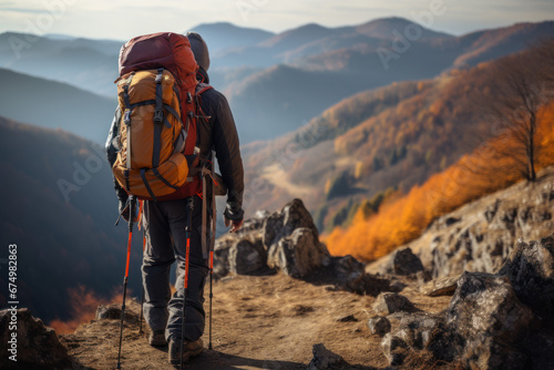 A hiker carrying a backpack and trekking poles on a mountain trail, representing the Concept of outdoor adventure and trekking. Generative Ai.