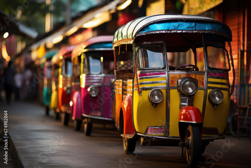 A row of colorful rickshaws waiting for passengers in a lively market, emphasizing the Concept of local transportation services. Generative Ai.