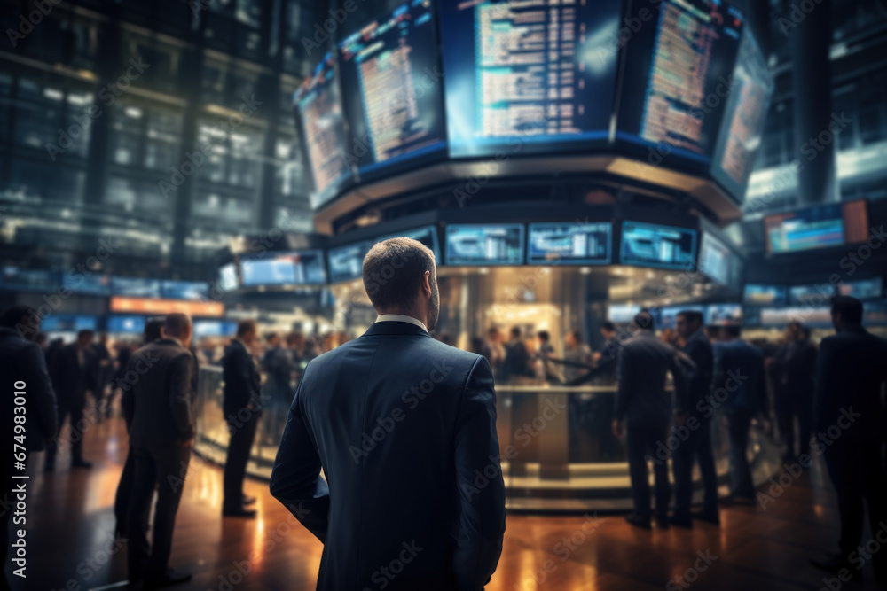 Fototapeta premium A bustling stock exchange floor with traders signaling buy and sell orders, representing the Concept of financial markets and trading. Generative Ai.