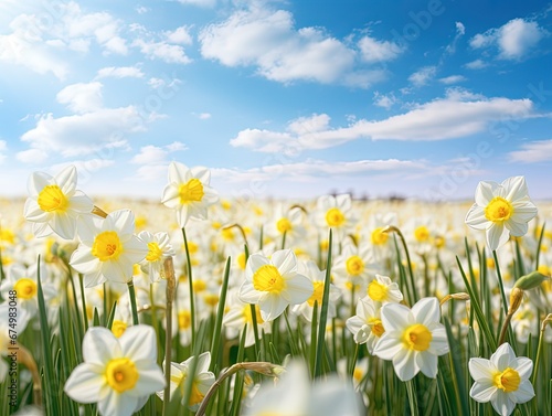 Daffodils in the field in high sun in spring with clouds and sky. Generative AI.