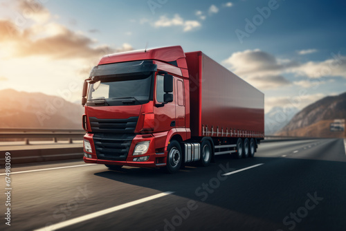 A container truck transporting goods on a highway  signifying the Concept of land-based freight transportation and distribution. Generative Ai.