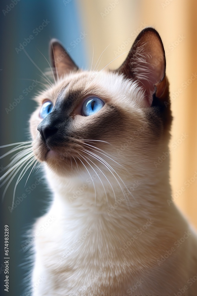 Siamese cat close up with blue eye. Portrait of Cat in living room. Generative AI.