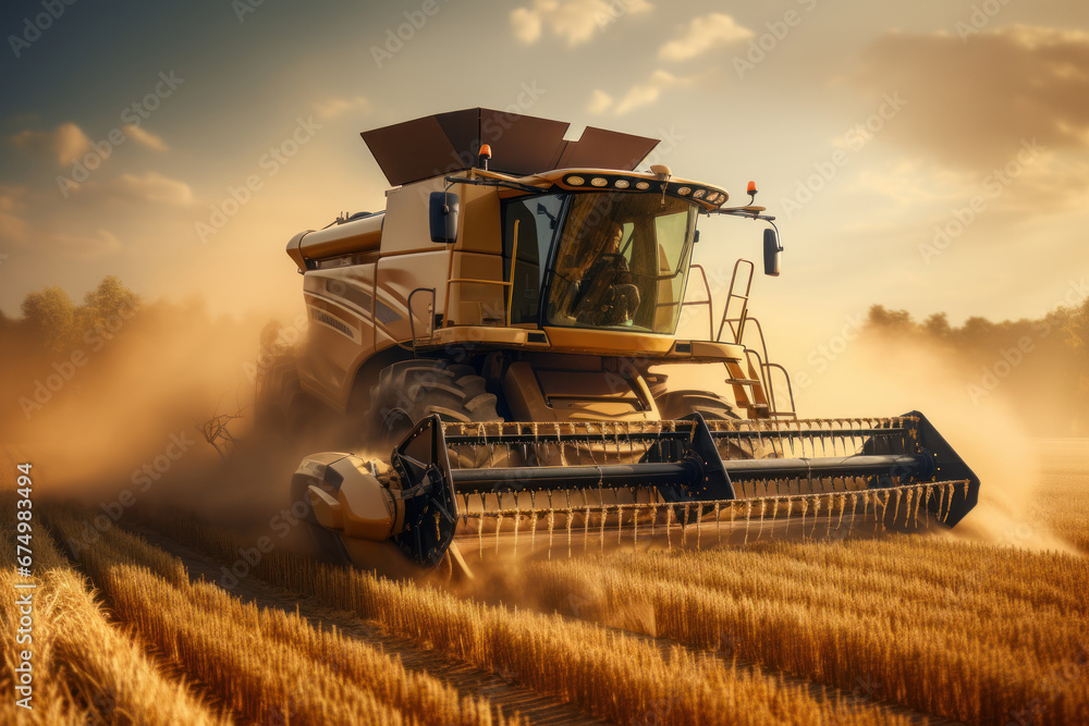 Fototapeta premium A farmer using modern agricultural machinery to harvest crops, signifying the Concept of mechanized farming and agribusiness trade. Generative Ai.