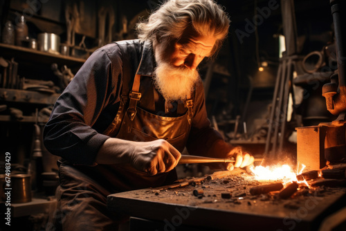 A craftsman shaping molten metal in a blacksmith's workshop, showcasing the Concept of traditional craftsmanship and metalworking trade. Generative Ai. © Sebastian