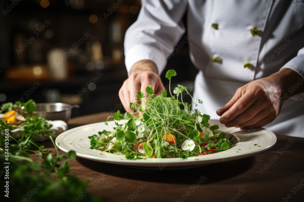 A chef in a restaurant kitchen, garnishing a dish with fresh herbs. Concept of culinary expertise and flavor. Generative Ai.