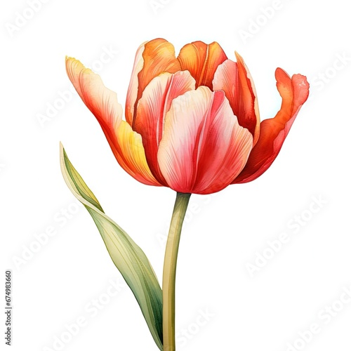 Red tulip watercolor painting style. White background isolated. Generative AI.