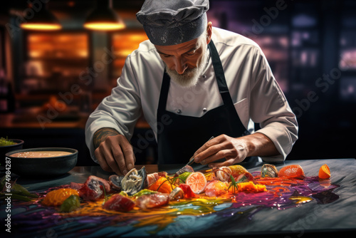 A chef using a range of international ingredients in a fusion cuisine dish, symbolizing the culinary industry's use of global value chains. Generative Ai.