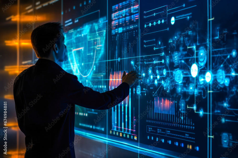 A man using advanced touchscreen digital holographic virtual displays. Depicting data and visualizations, embracing futuristic technology concept A man using advanced touchscreen digital holographic virtual displays. Depicting data and visualizations, embracing futuristic technology concept