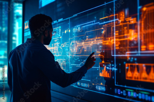 A black man using advanced touchscreen digital holographic virtual displays. Depicting data and visualizations, embracing futuristic technology concept