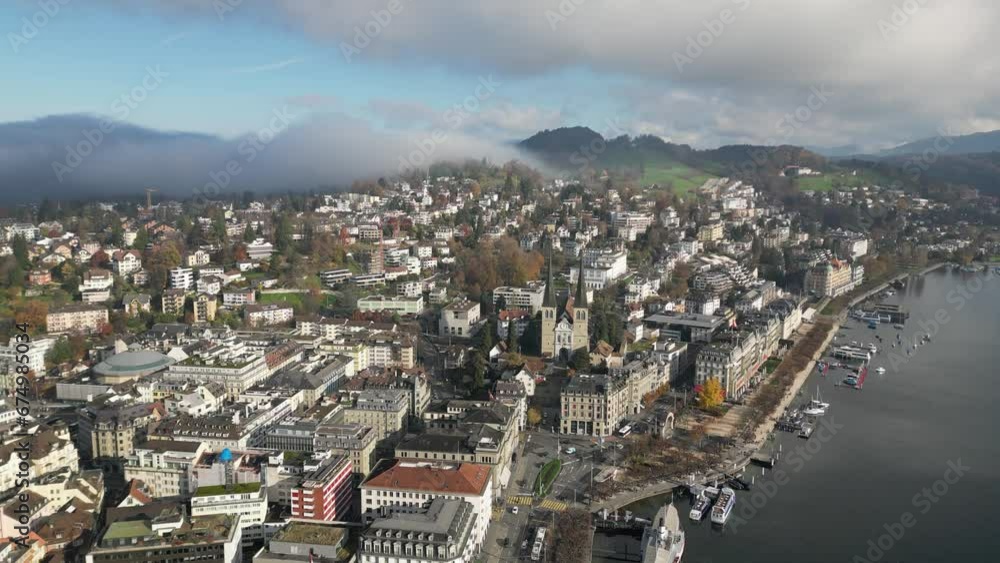 Drone view of a town located on a coastline Drone view of a town located on a coastline