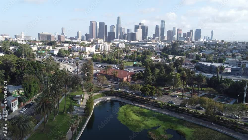 Aerial video of the park with skyscrapers on the background,Los Angeles, California Aerial video of the park with skyscrapers on the background,Los Angeles, California