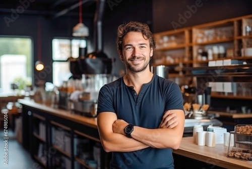 Proud male coffee shop owner standing in front of cozy cafe. A confident entrepreneur, small business success concept photo