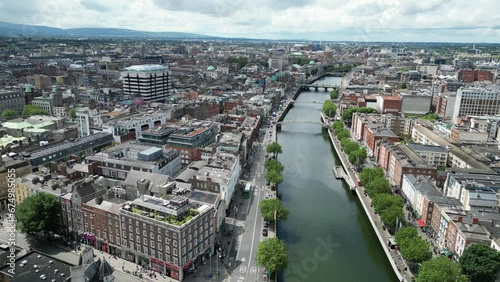Aerial video of the river and buildings on the shore, Dublin, Capital of the Republic of Ireland