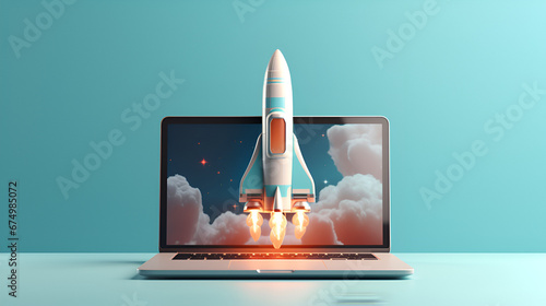 a rocket flying from the laptop screen on pastel blue background