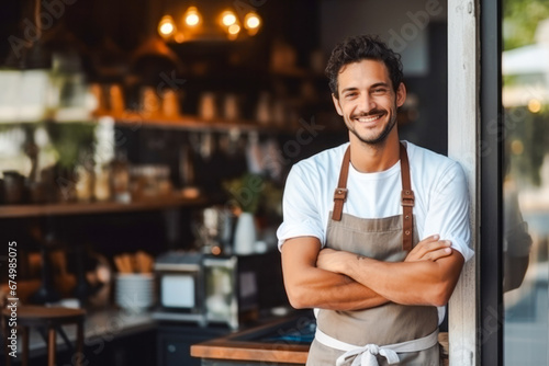 Proud male coffee shop owner standing in front of cozy cafe. A confident entrepreneur, small business success concept