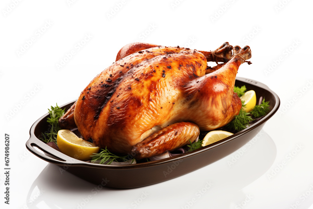 Whole roasted chicken against white background. Grilled chicken on dish. Whole roasted chicken against white background. Grilled chicken on dish.