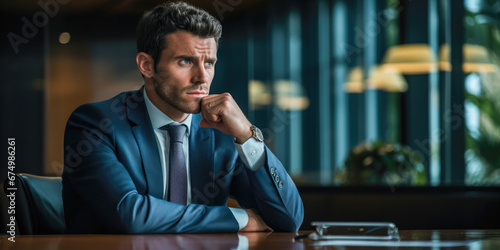Portrait of male executive, alone in a boardroom, with his mind on a challenging business decision. With pensive expression reflects the power and leadership required in corporate life