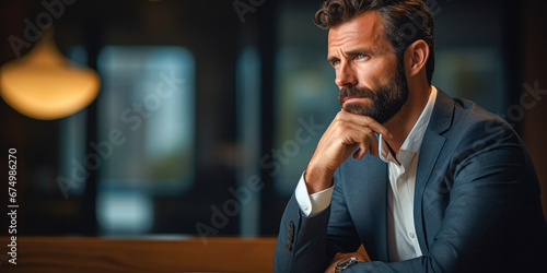 Portrait of male executive, alone in a boardroom, with his mind on a challenging business decision. With pensive expression reflects the power and leadership required in corporate life photo