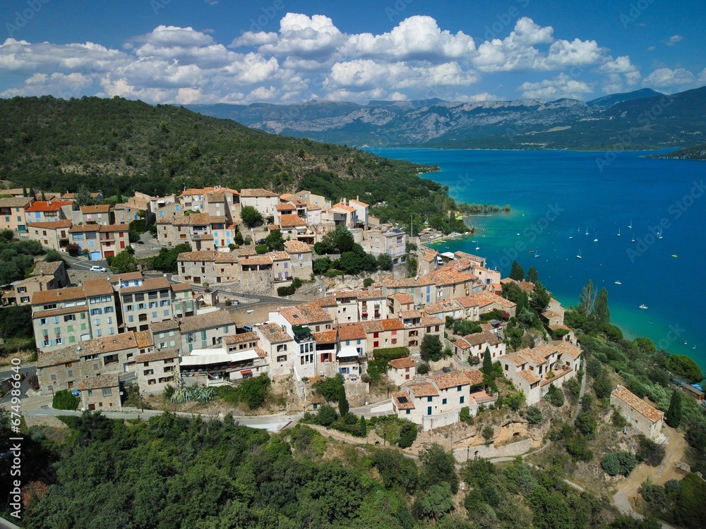 Aerial view of an old town at Lake Sainte-Croix, France on a sunny day