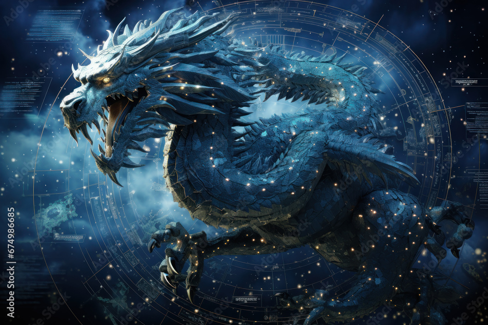 A constellation chart highlighting the mythical dragon in the night sky ...