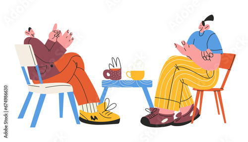 Psychological therapy cartoon retro characters dialogue. The psychologist listens to the patient, the person communicates with the therapist. Psychological help concept	