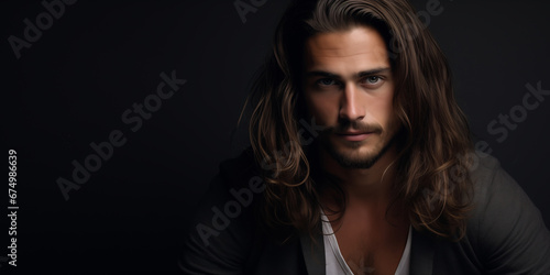 a handsome groomed man with long hair isolated on dark grey background
