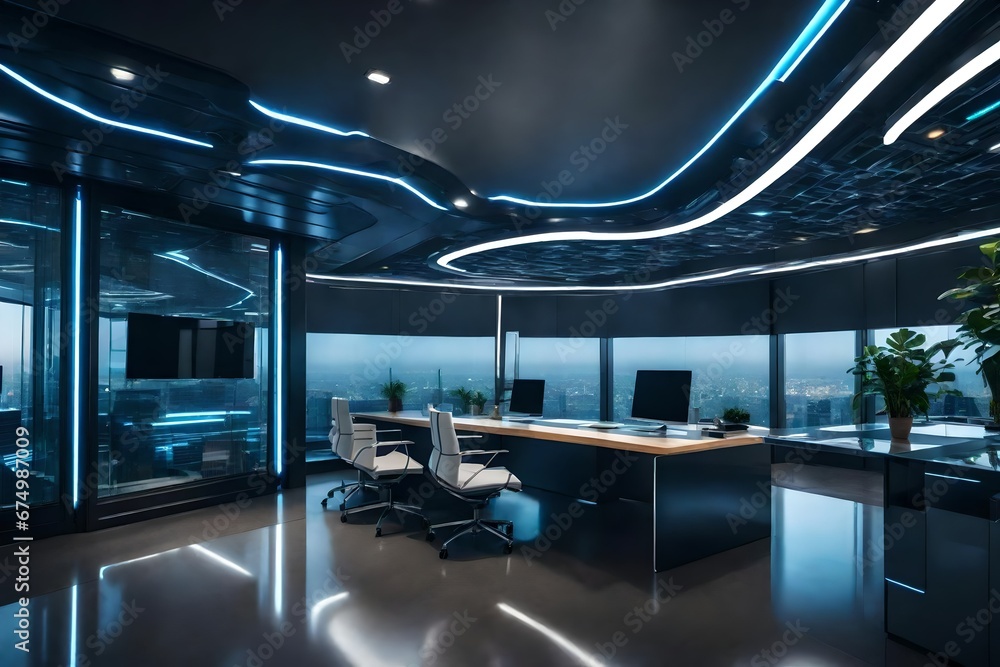 An office with a futuristic spaceship theme, complete with spaceship-like furniture.