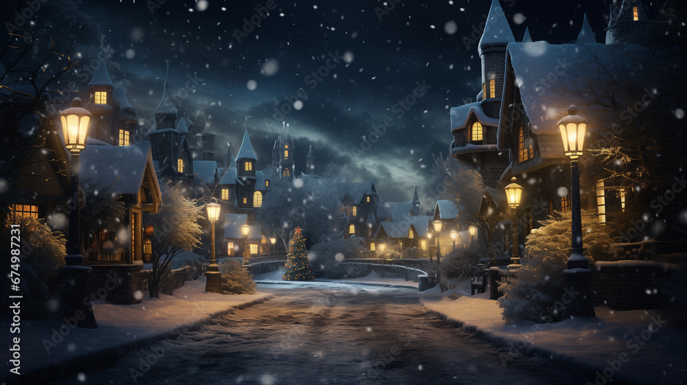 magic Christmas of a snowy midnight road, illuminated by glowing houses and streetlights, creating a fairy-tale winter wonderland magic Christmas of a snowy midnight road, illuminated by glowing houses and streetlights, creating a fairy-tale winter wonderland