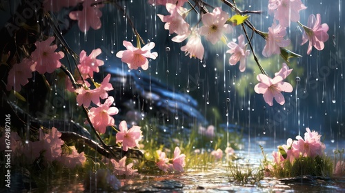 Photo illustration of cherry blossoms blooming in the wet rain