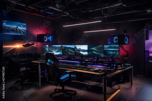 A high-tech gaming studio with high-performance computers and gaming chairs.